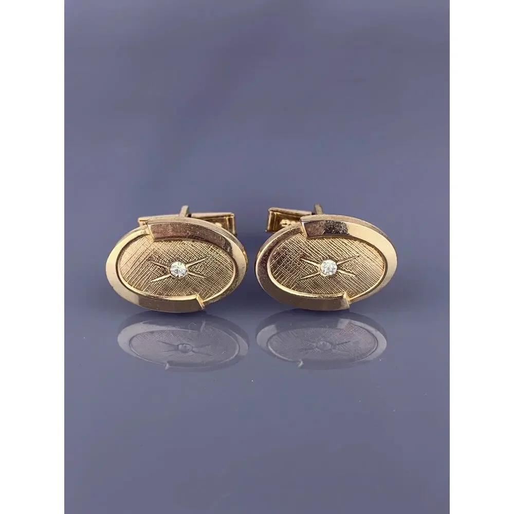 Rhinestone Star Oval Gold Plated Cufflinks Mid Century Simple Vintage